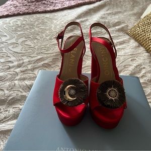 Antonio Melani Size 7M Red Satin Celestial Fringe Ankle Strap Platform Heels